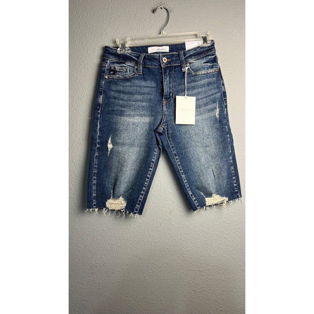 KanCan Womens Mid Rise Bermuda Shorts Distressed Raw Hem Blue Boutique Size 7/27
